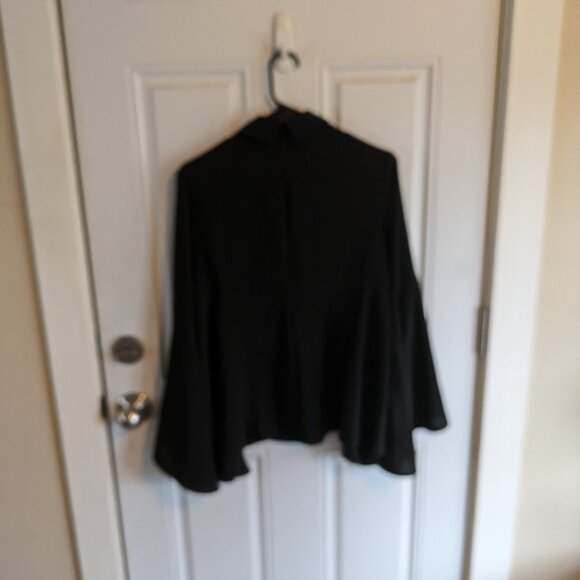 Catherine Malandrino Flowy Black High Neck V-Neck Blouse Bell Sleeves Peplum Sm - Picture 7 of 9